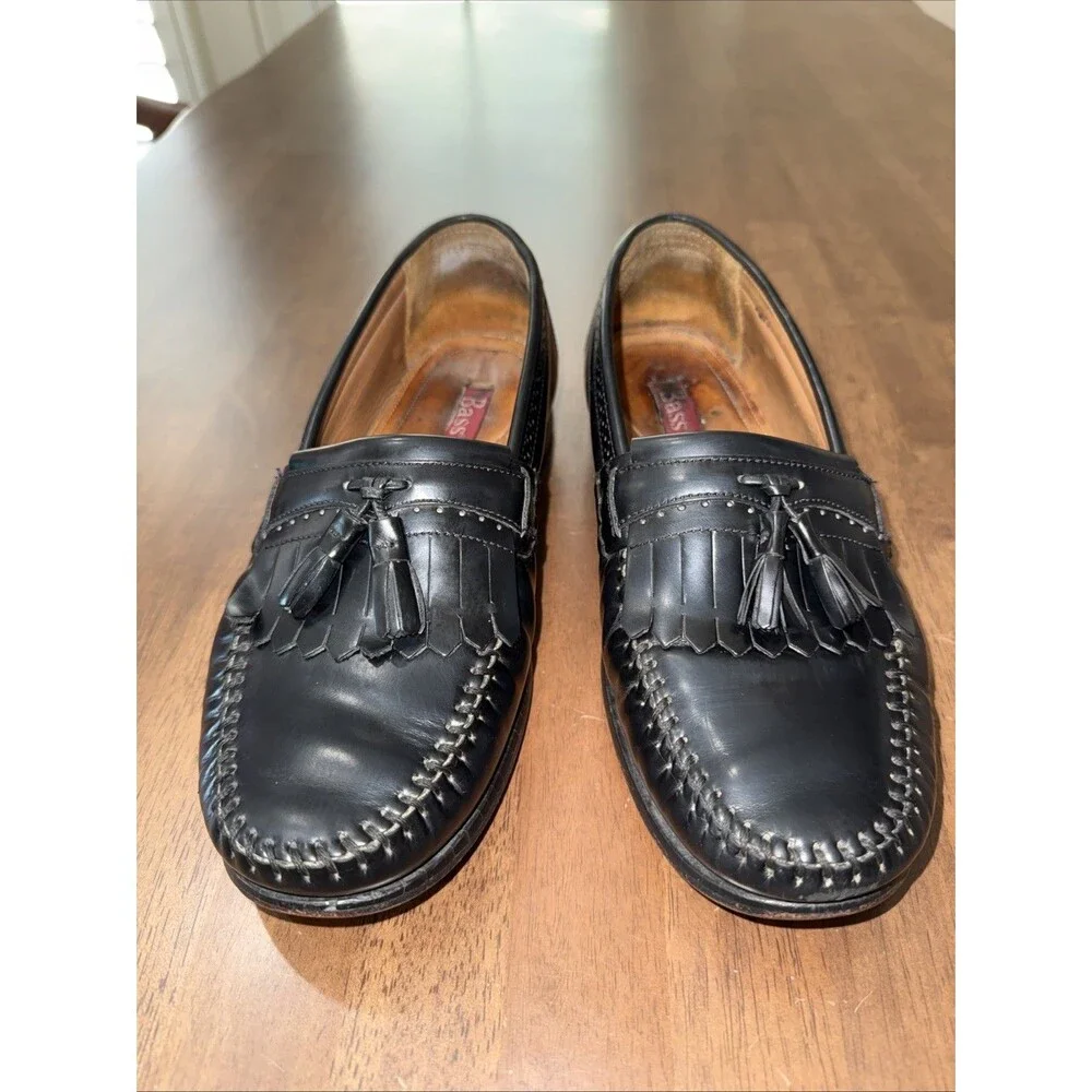 Bass Grammer Black Leather Tassel Kiltie Moc Toe Loafers Mens 9.5EE Wide Brazil